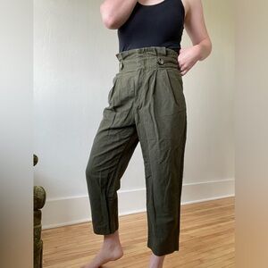 ZARA WOMAN Army Green paper-bag linen cotton blend pants XS